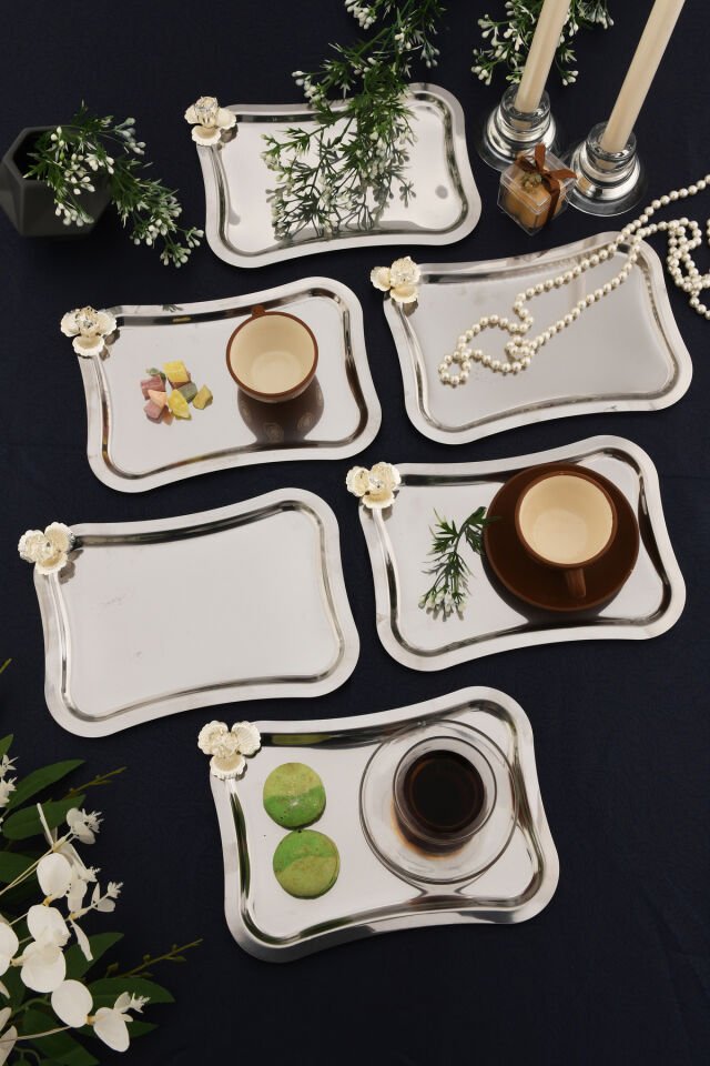 Naldo italyan model gümüş taş detaylı 6'lı sunum tepsisi gümüş