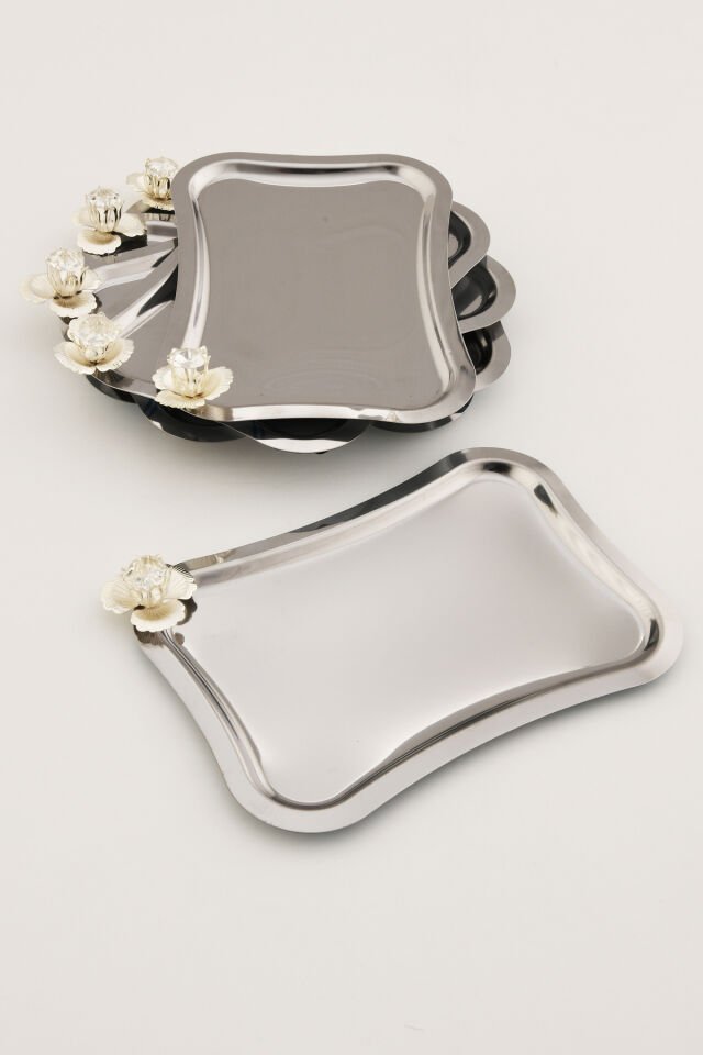 Naldo italyan model gümüş taş detaylı 6'lı sunum tepsisi gümüş