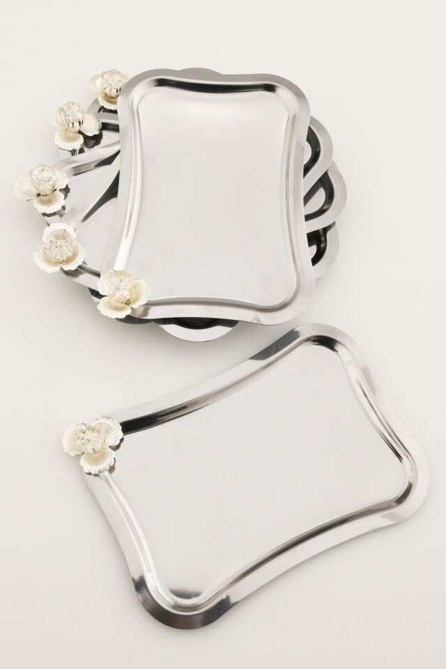 Naldo italyan model gümüş taş detaylı 6'lı sunum tepsisi gümüş