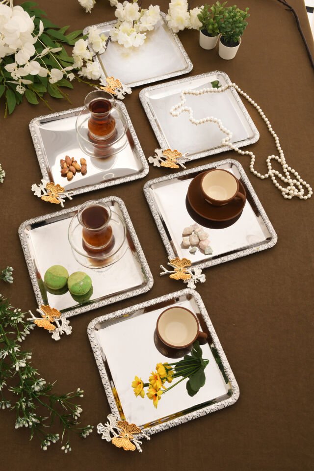 Maren Paslanmaz Kare Desenli Kelebek Detaylı Sunum Tepsisi Gümüş 6 Lı Takım