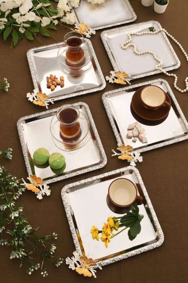 Maren Paslanmaz Kare Desenli Kelebek Detaylı Sunum Tepsisi Gümüş 6 Lı Takım