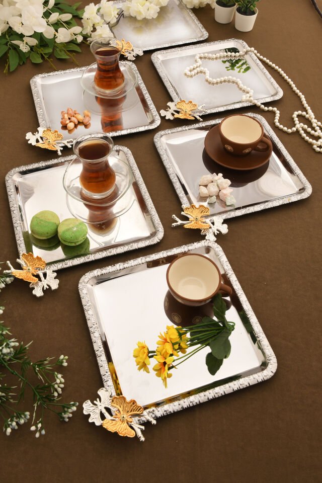 Maren Paslanmaz Kare Desenli Kelebek Detaylı Sunum Tepsisi Gümüş 6 Lı Takım