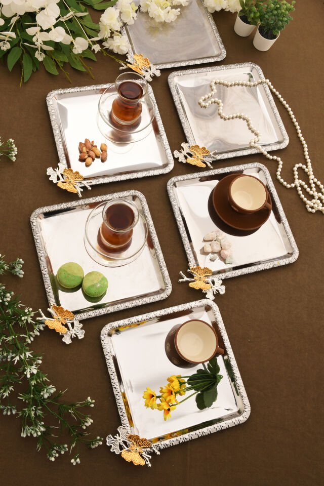 Maren Paslanmaz Kare Desenli Kelebek Detaylı Sunum Tepsisi Gümüş 6 Lı Takım