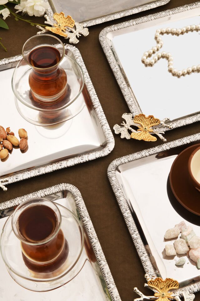 Maren Paslanmaz Kare Desenli Kelebek Detaylı Sunum Tepsisi Gümüş 6 Lı Takım