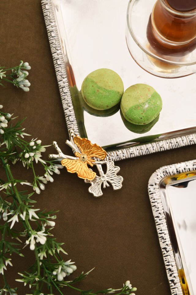 Maren Paslanmaz Kare Desenli Kelebek Detaylı Sunum Tepsisi Gümüş 6 Lı Takım