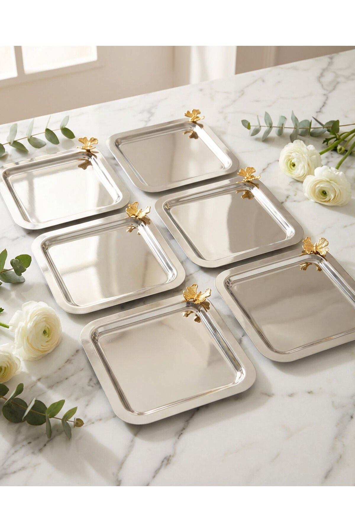 Nolin Gümüş Paslanmaz 6'lı Takım Gold Kelebek Detaylı Genel Sunum Tepsisi Kahve Sunum Çay Tepsisi