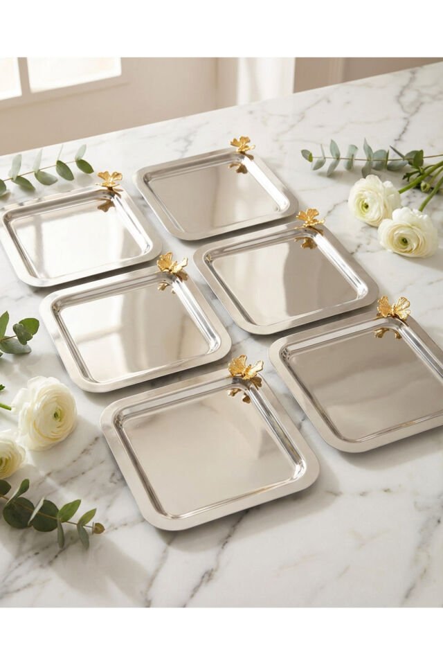 Nolin Gümüş Paslanmaz 6'lı Takım Gold Kelebek Detaylı Genel Sunum Tepsisi Kahve Sunum Çay Tepsisi