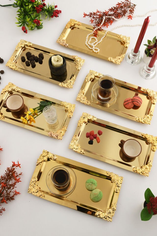 Molisi Gold 6'lı Gold Süs Detaylı Kayık Kahve Sunum Tepsisi Servis Çay Tepsisi Dekoratif Tepsi