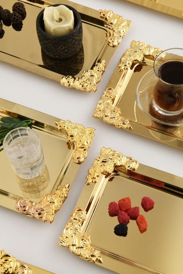 Molisi Gold 6'lı Gold Süs Detaylı Kayık Kahve Sunum Tepsisi Servis Çay Tepsisi Dekoratif Tepsi