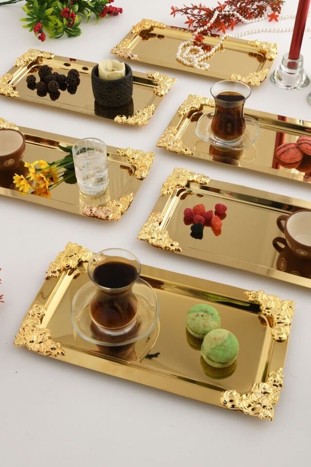 Molisi Gold 6'lı Gold Süs Detaylı Kayık Kahve Sunum Tepsisi Servis Çay Tepsisi Dekoratif Tepsi
