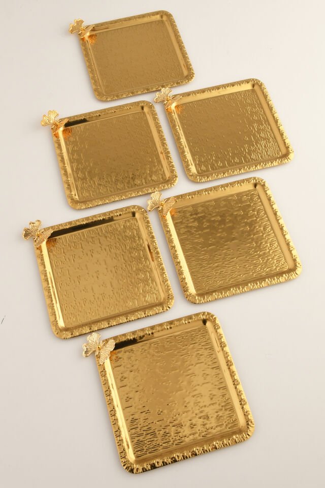 Dolce Gold Paslanmaz Desenli Kare Köşesi Tek Kelebek Detaylı 6'lı Kahve Çay Sunumluk Servis Tepsi