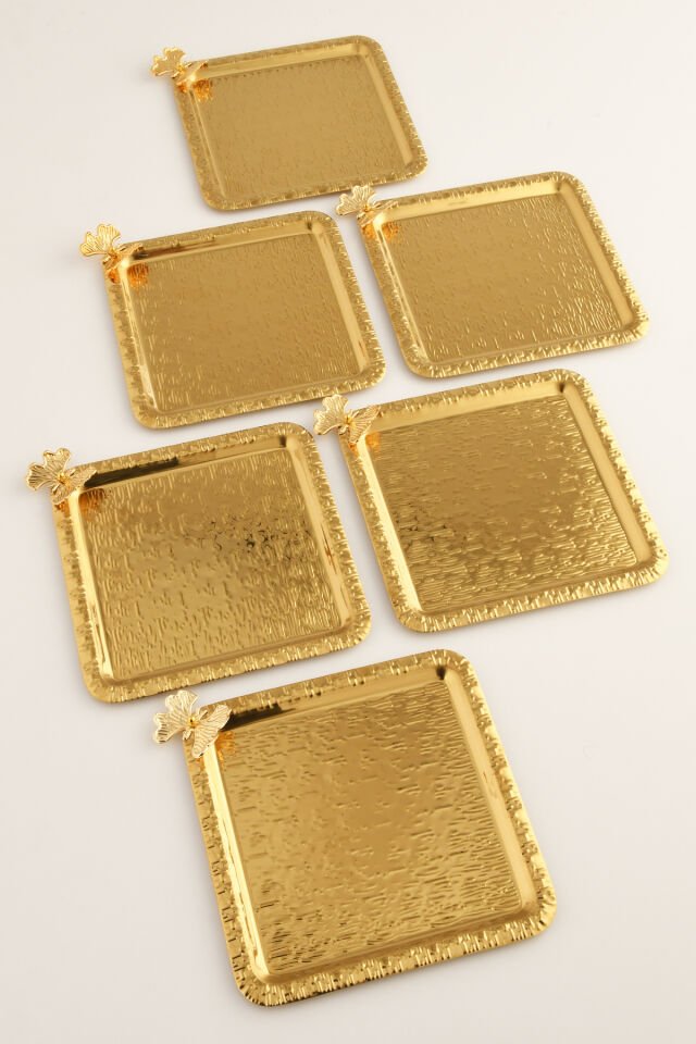 Dolce Gold Paslanmaz Desenli Kare Köşesi Tek Kelebek Detaylı 6'lı Kahve Çay Sunumluk Servis Tepsi
