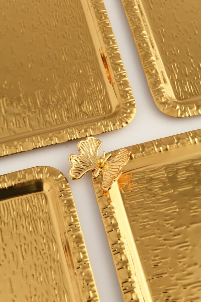Dolce Gold Paslanmaz Desenli Kare Köşesi Tek Kelebek Detaylı 6'lı Kahve Çay Sunumluk Servis Tepsi