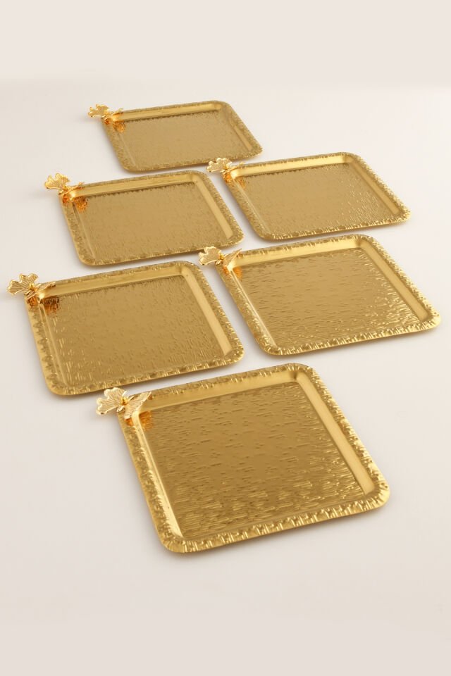 Dolce Gold Paslanmaz Desenli Kare Köşesi Tek Kelebek Detaylı 6'lı Kahve Çay Sunumluk Servis Tepsi