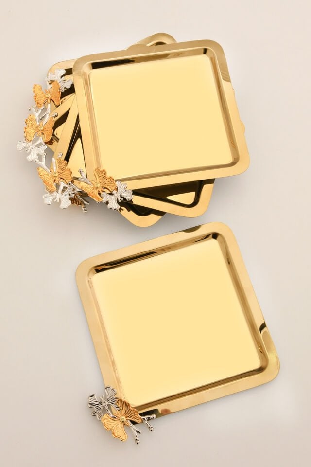 Nesto Paslanmaz Kare Kelebek Detaylı Sunum Tepsisi Gold 6 Adet