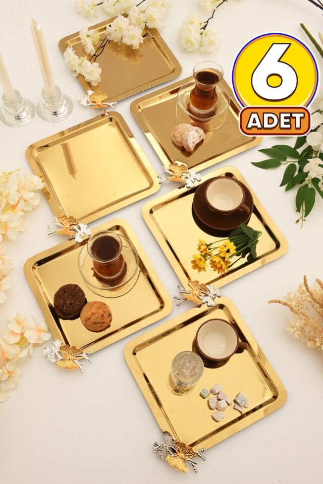 Nesto Paslanmaz Kare Kelebek Detaylı Sunum Tepsisi Gold 6 Adet
