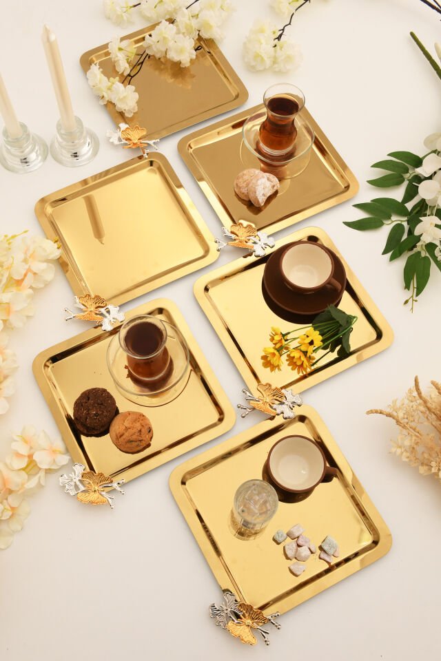 Nesto Paslanmaz Kare Kelebek Detaylı Sunum Tepsisi Gold 6 Adet