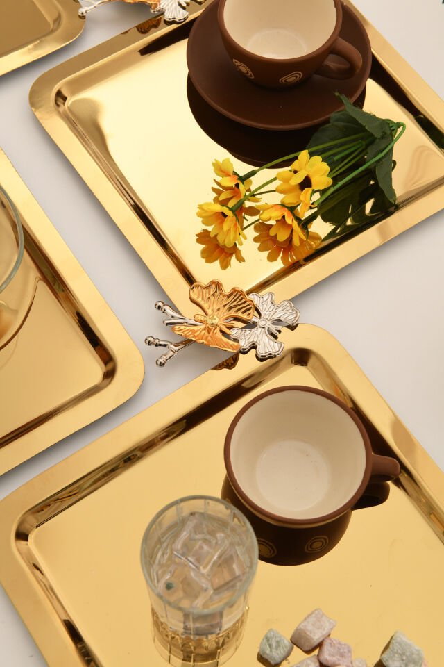 Nesto Paslanmaz Kare Kelebek Detaylı Sunum Tepsisi Gold 6 Adet