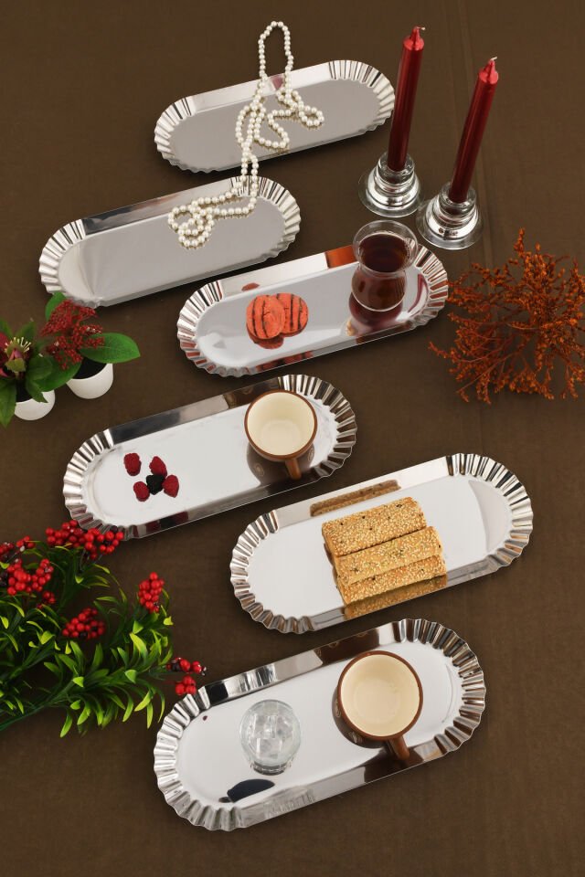 Davin Dekoratif Paslanmaz Oval Kenarları Tırtıklı 6'lı Sunum Tepsisi