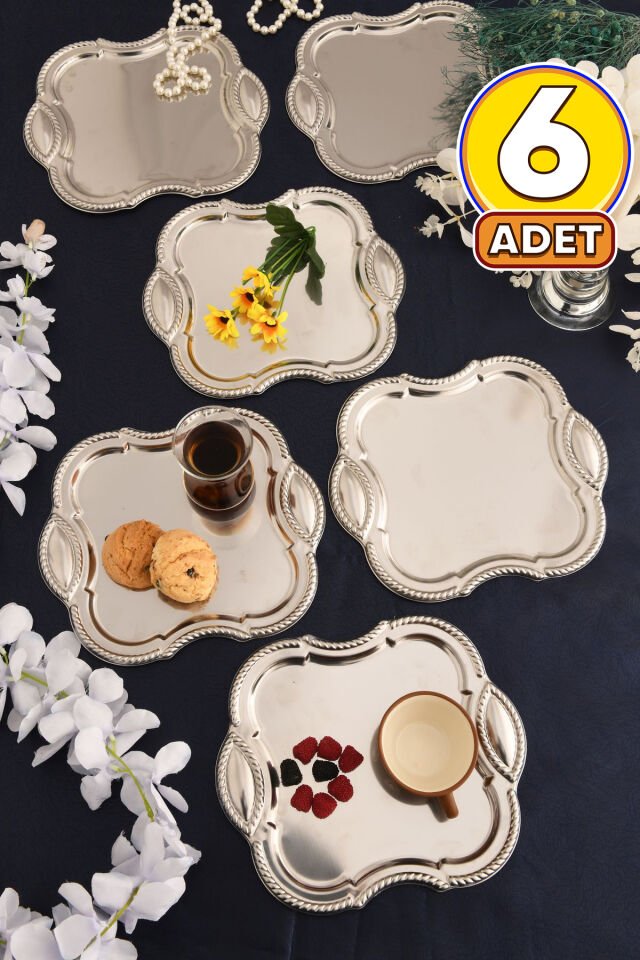 Vezan Paslanmaz Kare Burgu Desen Sunum Tepsisi Gümüş 6 Lı Takım