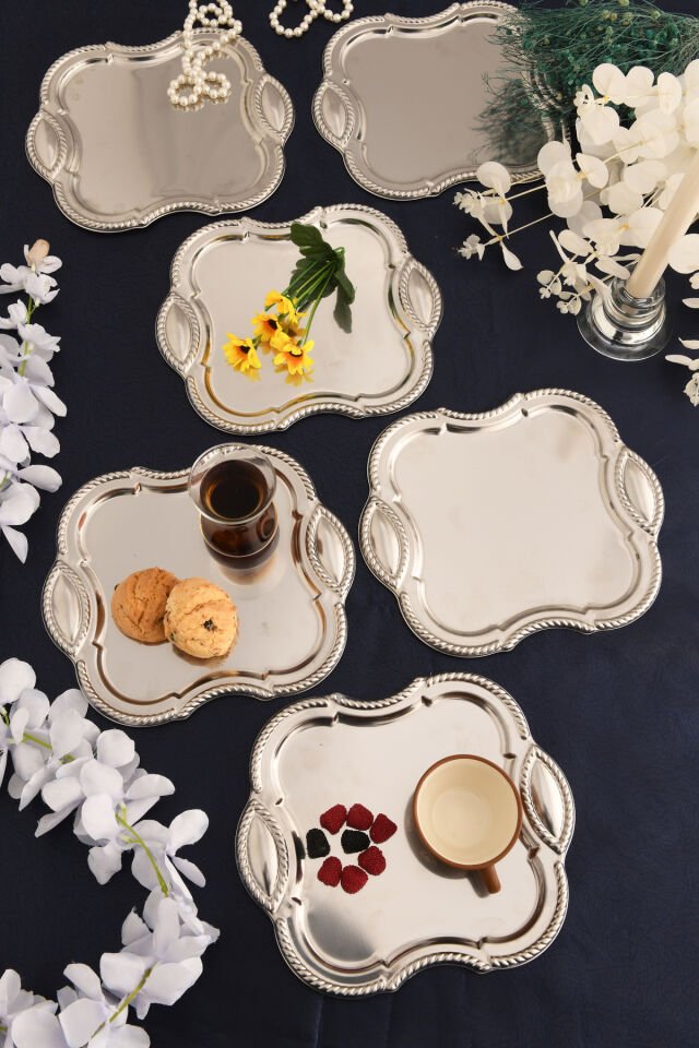 Vezan Paslanmaz Kare Burgu Desen Sunum Tepsisi Gümüş 6 Lı Takım