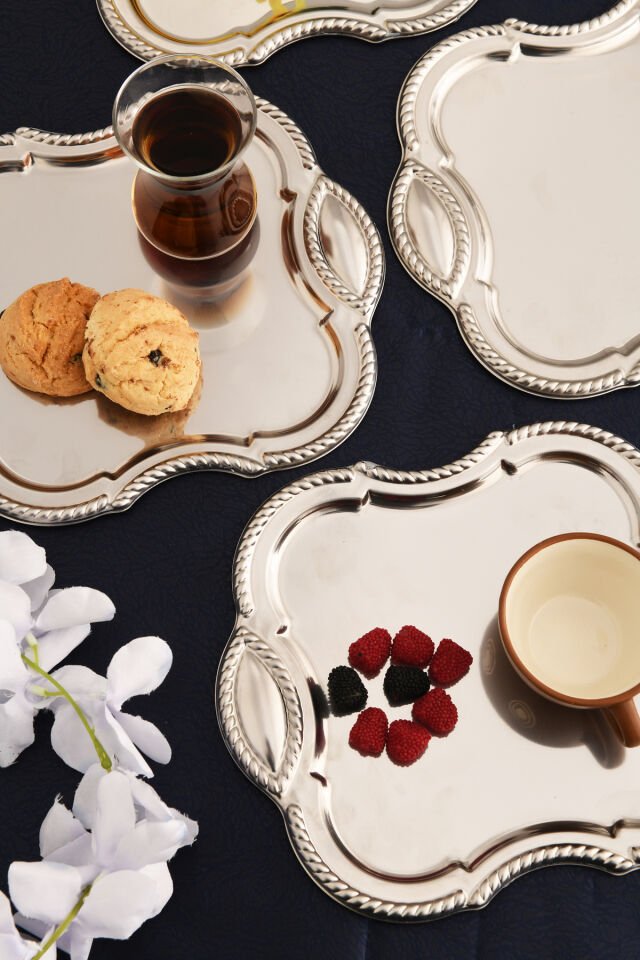 Vezan Paslanmaz Kare Burgu Desen Sunum Tepsisi Gümüş 6 Lı Takım