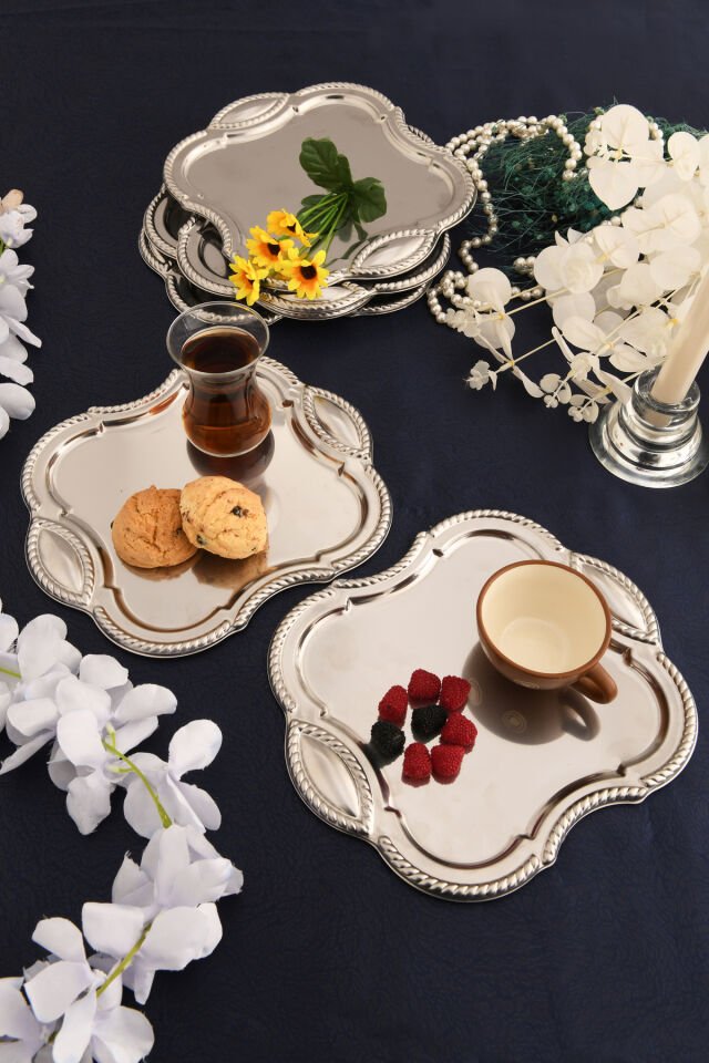 Vezan Paslanmaz Kare Burgu Desen Sunum Tepsisi Gümüş 6 Lı Takım