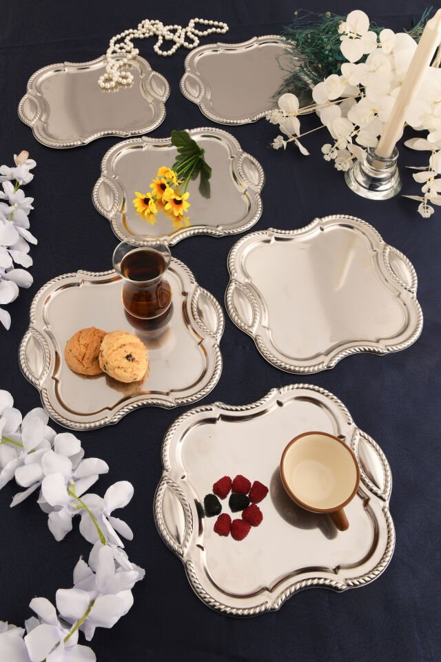 Vezan Paslanmaz Kare Burgu Desen Sunum Tepsisi Gümüş 6 Lı Takım