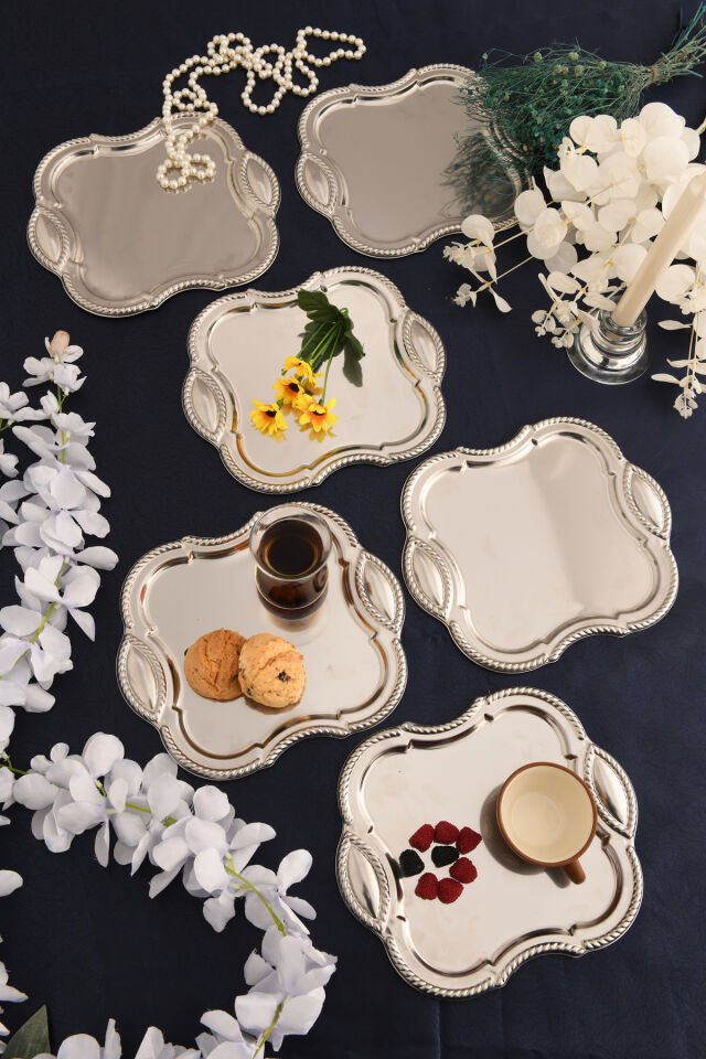 Vezan Paslanmaz Kare Burgu Desen Sunum Tepsisi Gümüş 6 Lı Takım