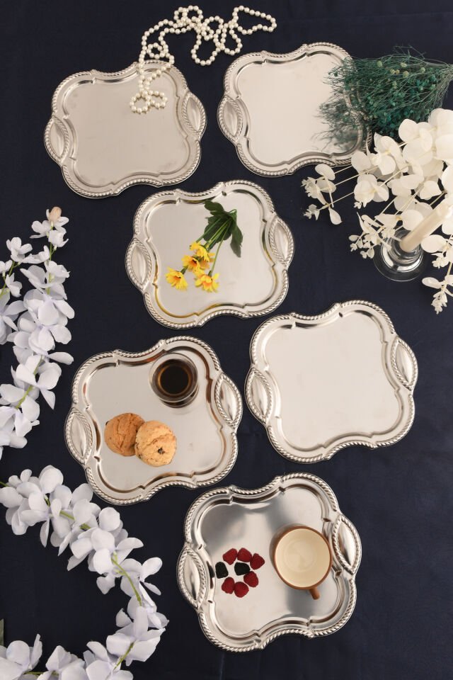 Vezan Paslanmaz Kare Burgu Desen Sunum Tepsisi Gümüş 6 Lı Takım