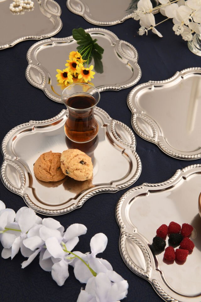 Vezan Paslanmaz Kare Burgu Desen Sunum Tepsisi Gümüş 6 Lı Takım