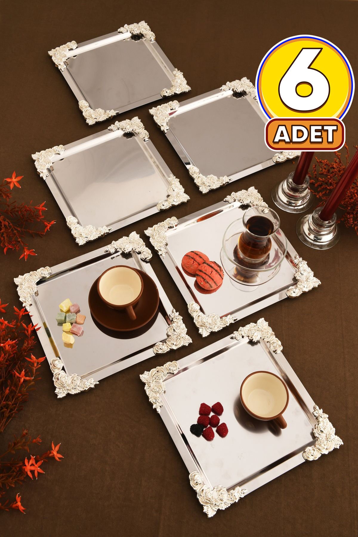 Alvio Paslanmaz Kare 4 Köşesi Gümüş Çiçek Detaylı Sunum Tepsisi Gümüş 6 Lı Takım