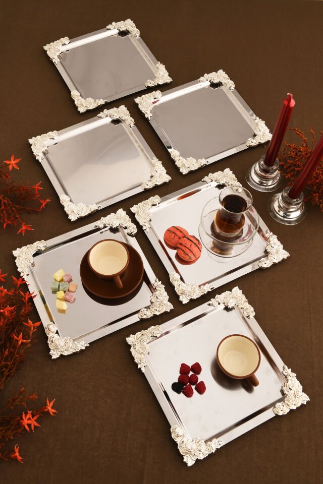 Alvio Paslanmaz Kare 4 Köşesi Gümüş Çiçek Detaylı Sunum Tepsisi Gümüş 6 Lı Takım