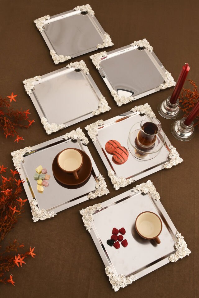 Alvio Paslanmaz Kare 4 Köşesi Gümüş Çiçek Detaylı Sunum Tepsisi Gümüş 6 Lı Takım