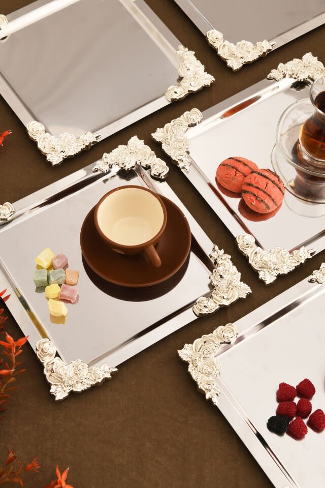 Alvio Paslanmaz Kare 4 Köşesi Gümüş Çiçek Detaylı Sunum Tepsisi Gümüş 6 Lı Takım