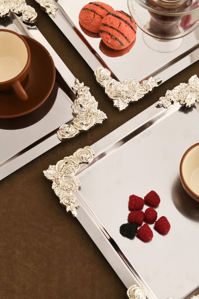 Alvio Paslanmaz Kare 4 Köşesi Gümüş Çiçek Detaylı Sunum Tepsisi Gümüş 6 Lı Takım