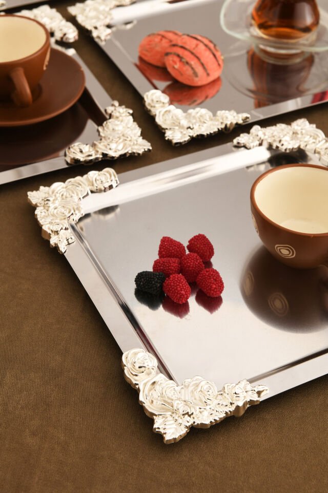 Alvio Paslanmaz Kare 4 Köşesi Gümüş Çiçek Detaylı Sunum Tepsisi Gümüş 6 Lı Takım