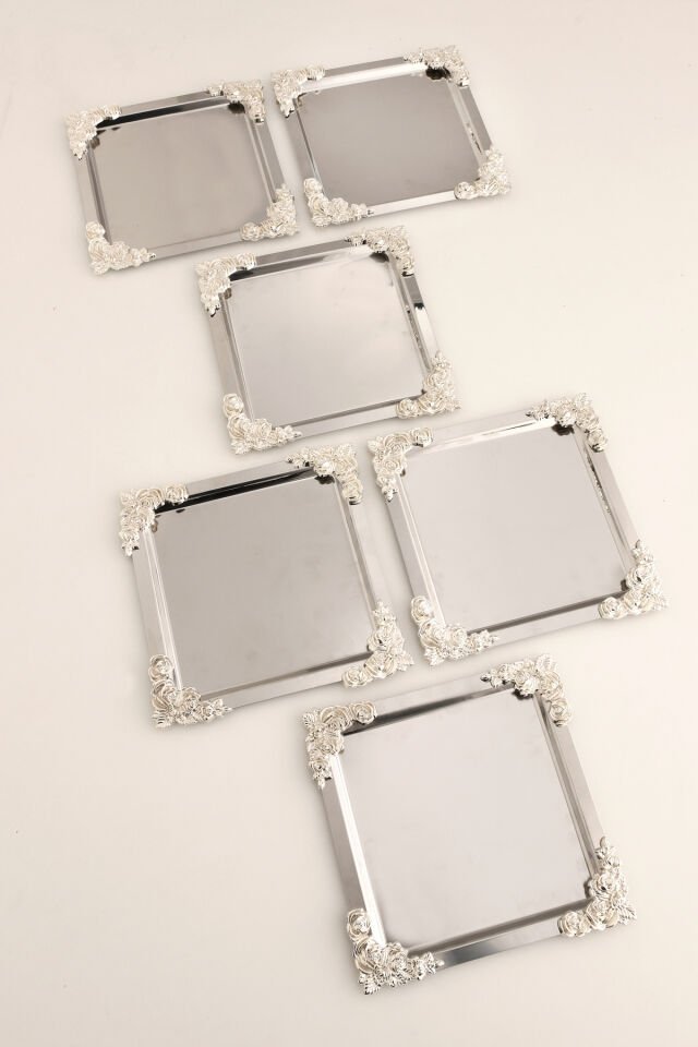 Alvio Paslanmaz Kare 4 Köşesi Gümüş Çiçek Detaylı Sunum Tepsisi Gümüş 6 Lı Takım