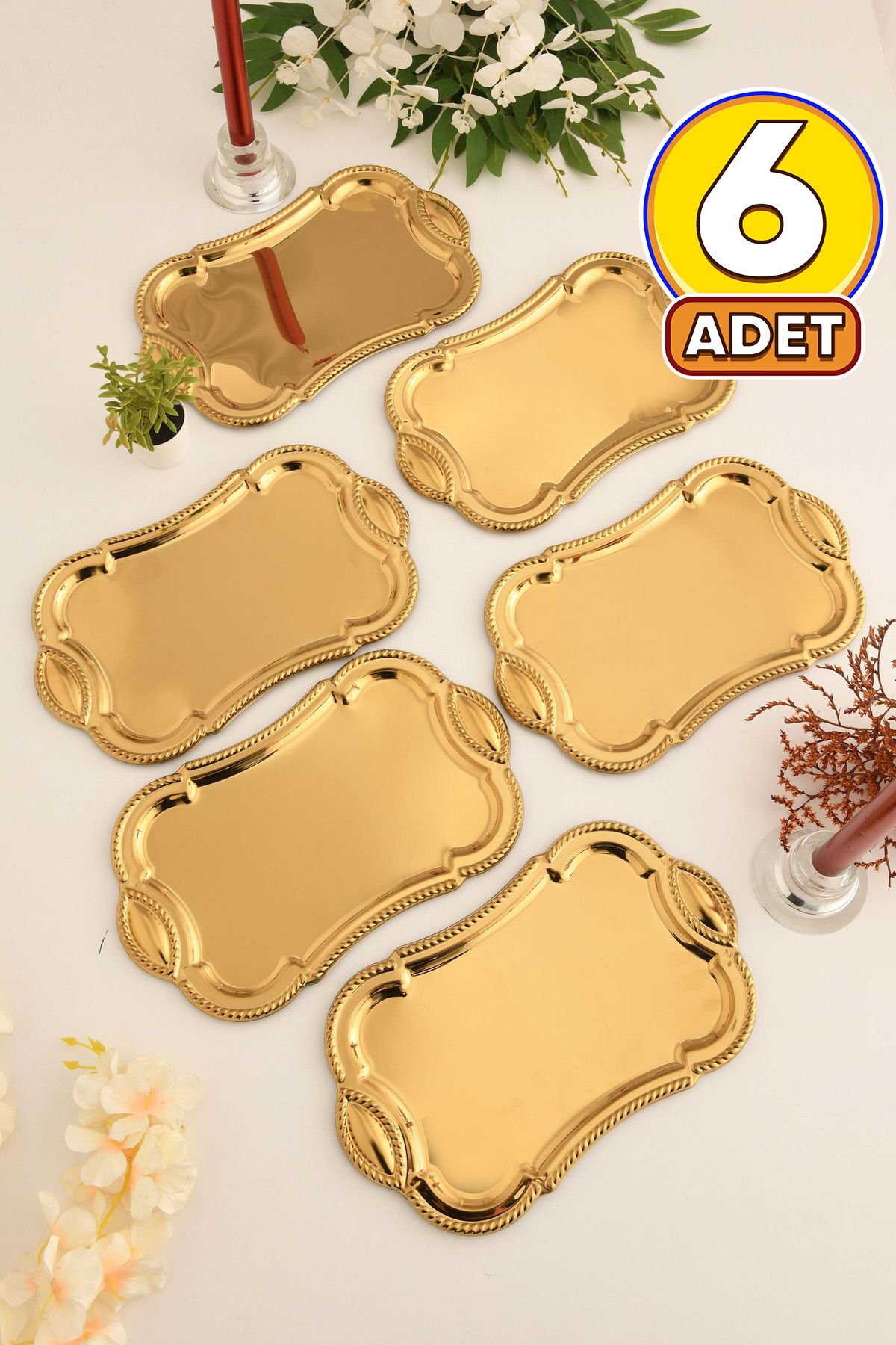Liven Paslanmaz Dikdörtgen Burgu Desen Sunum Tepsisi Gold 6 Lı Takım