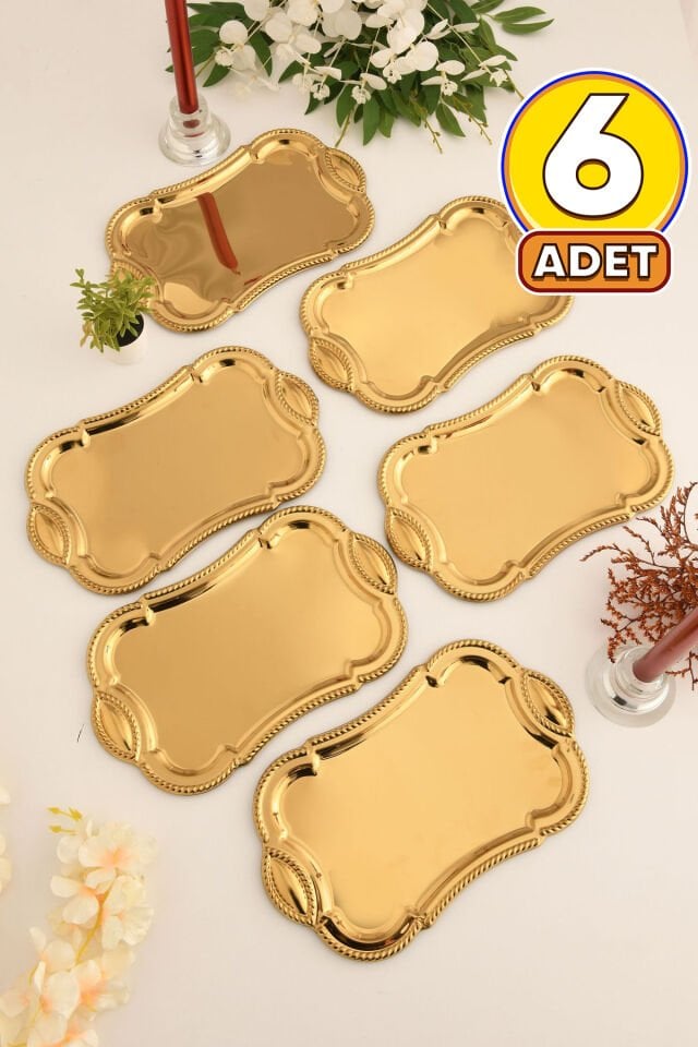 Liven Paslanmaz Dikdörtgen Burgu Desen Sunum Tepsisi Gold 6 Lı Takım