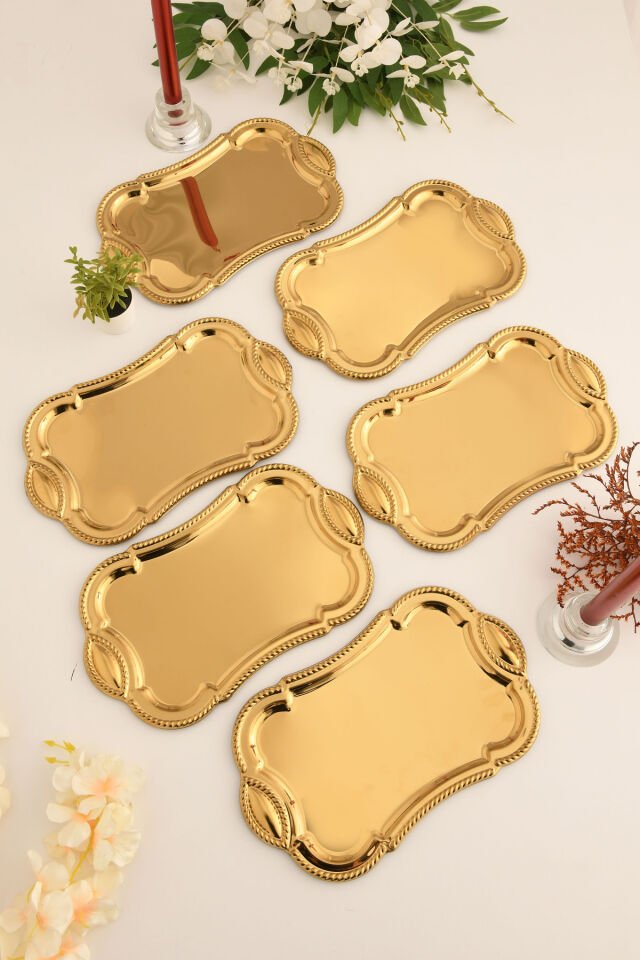 Liven Paslanmaz Dikdörtgen Burgu Desen Sunum Tepsisi Gold 6 Lı Takım