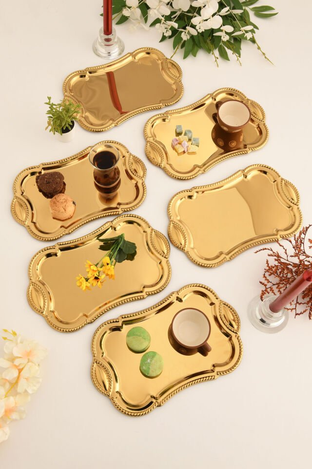 Liven Paslanmaz Dikdörtgen Burgu Desen Sunum Tepsisi Gold 6 Lı Takım