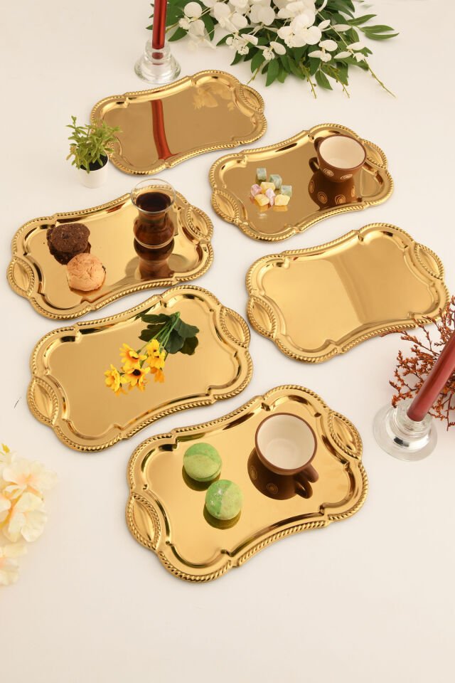 Liven Paslanmaz Dikdörtgen Burgu Desen Sunum Tepsisi Gold 6 Lı Takım