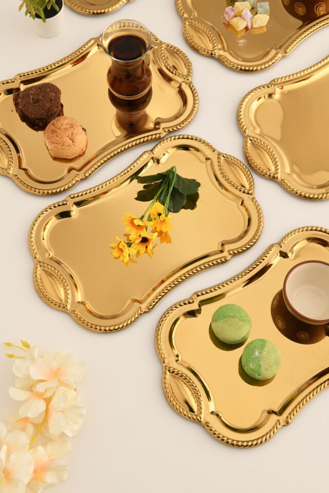 Liven Paslanmaz Dikdörtgen Burgu Desen Sunum Tepsisi Gold 6 Lı Takım