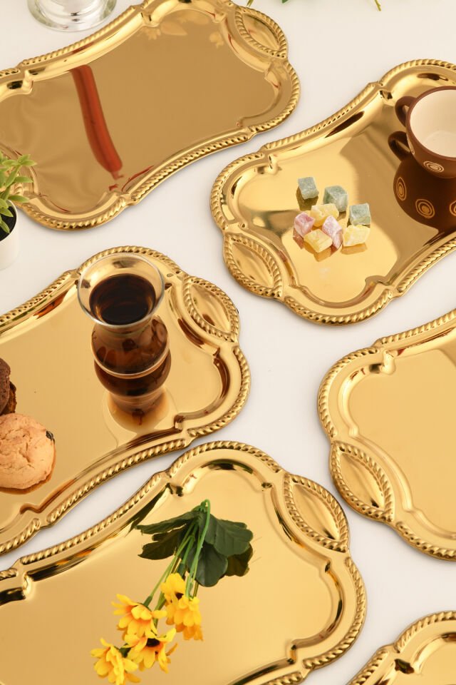 Liven Paslanmaz Dikdörtgen Burgu Desen Sunum Tepsisi Gold 6 Lı Takım