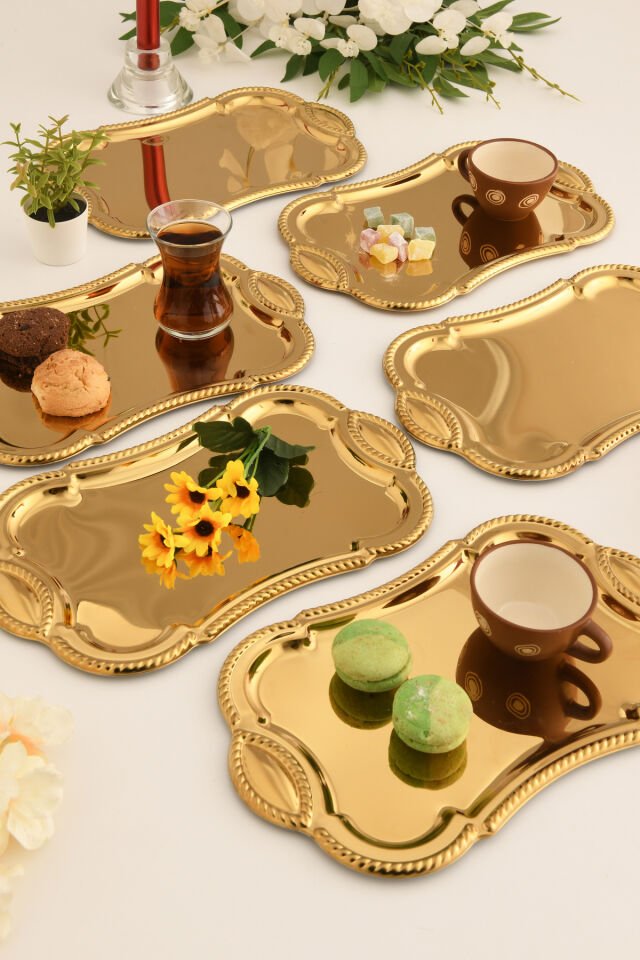 Liven Paslanmaz Dikdörtgen Burgu Desen Sunum Tepsisi Gold 6 Lı Takım