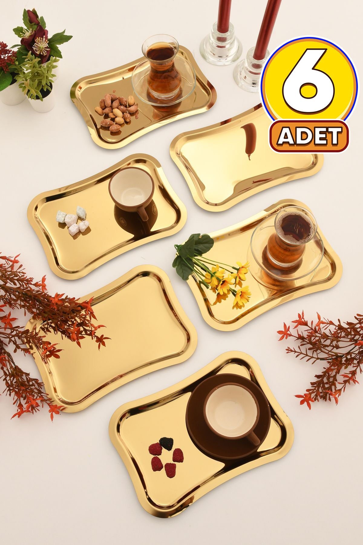 Naldo Kahve Sunum Tepsisi Gold - Paslanmaz Italyan Model 6 Lı Set