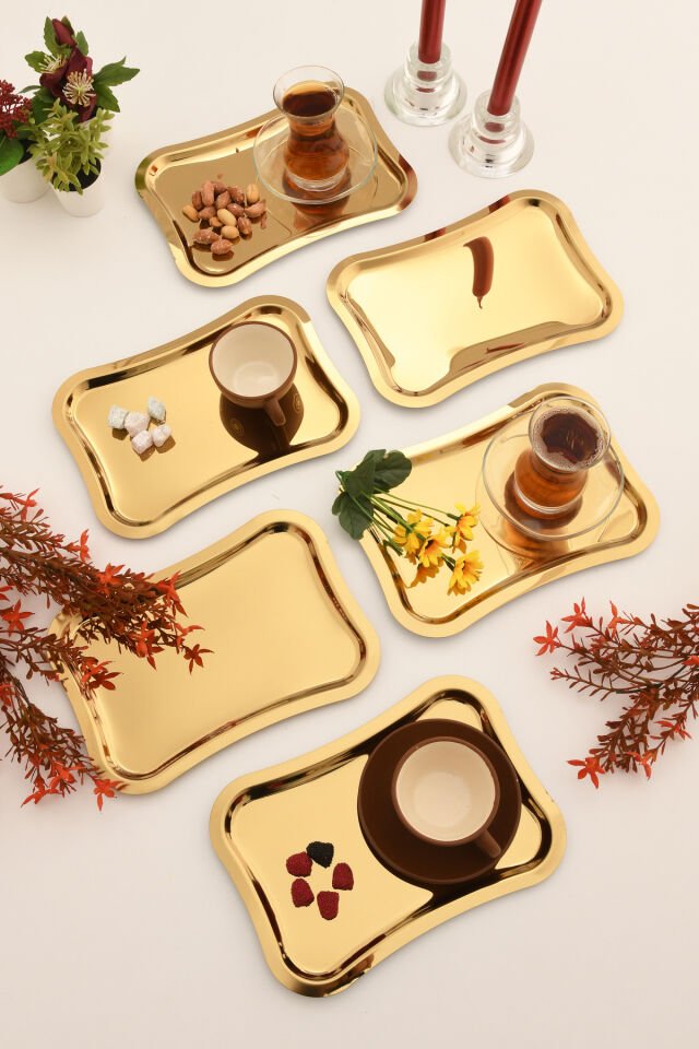 Naldo Kahve Sunum Tepsisi Gold - Paslanmaz Italyan Model 6 Lı Set