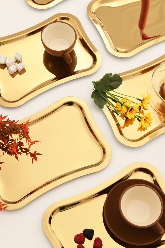 Naldo Kahve Sunum Tepsisi Gold - Paslanmaz Italyan Model 6 Lı Set