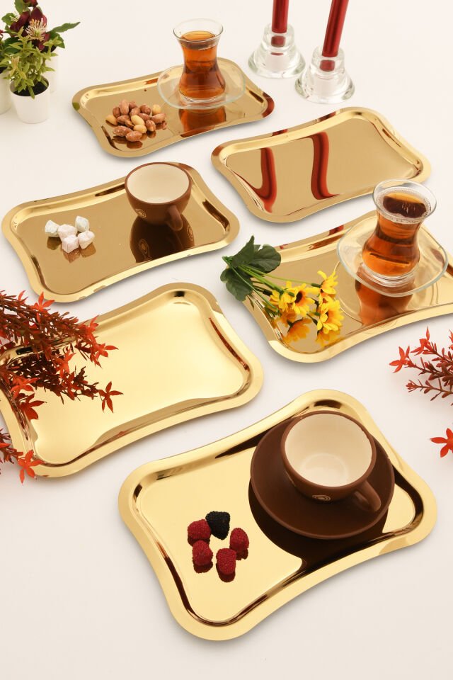 Naldo Kahve Sunum Tepsisi Gold - Paslanmaz Italyan Model 6 Lı Set